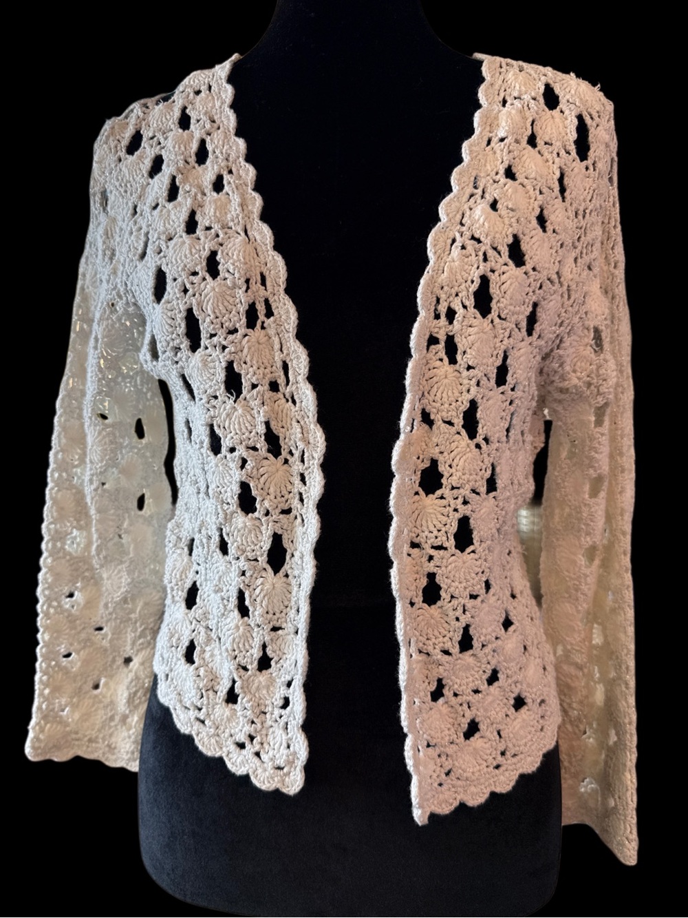 Design History White Crochet w/Silver Metallic Open Front Cardigan - Sz M
